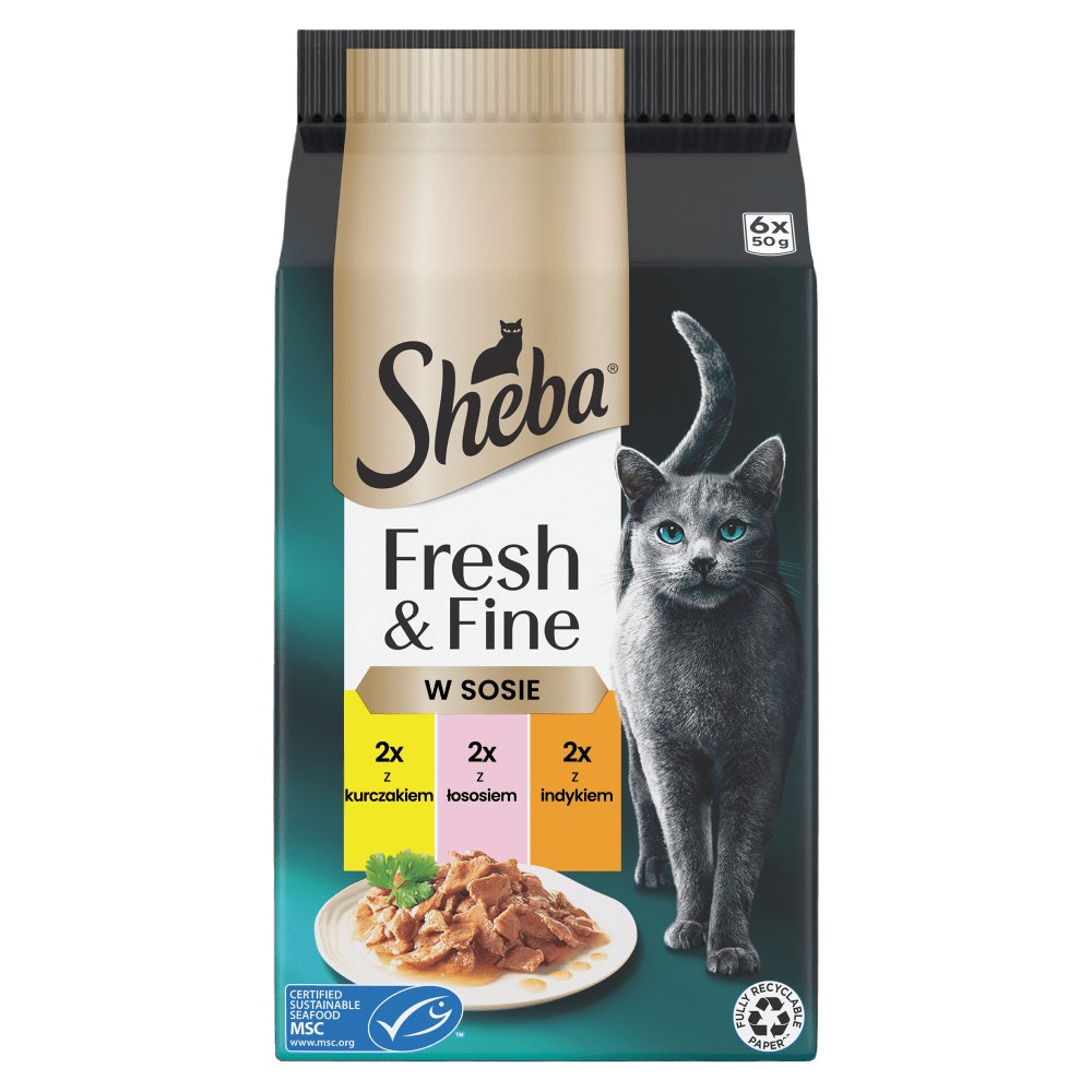 SHEBA® Fresh & Fine z Kurczakiem, Łososiem i Indykiem w sosie 6x50 g - 1